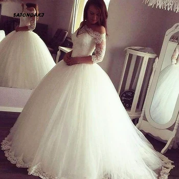 

2020 Princess Ball Gown Wedding Dresses Sheer Neck 3/4 Sleeve Off The Shoulder Sweep Train Bridal Vestido De Novia Online Shop