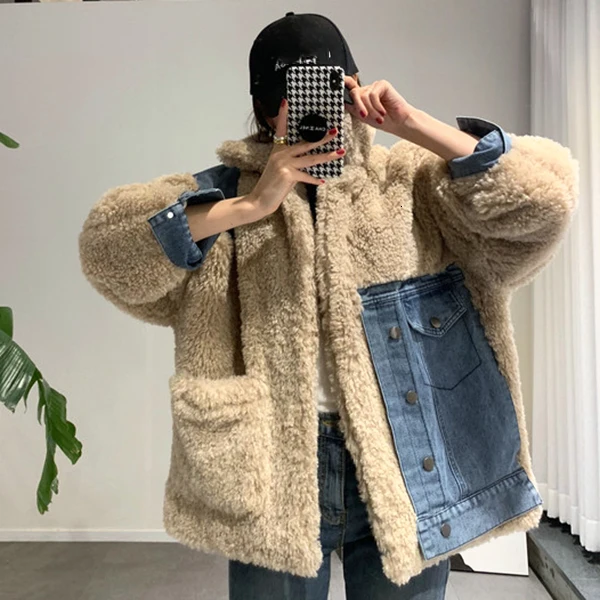 light brown SHENGPALAE,, шикарное зимнее пальто со стойкой, имитирующее ягненка, сохраняющее тепло, Ковбойское короткое Свободное пальто, женская мода 5D198 - Цвет: light brown