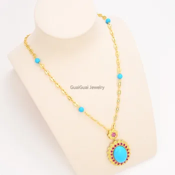 

GG Jewelry 18" Blue Round Turquoise Gold Plated Chain Blue Jade Red Crystal Pendant Necklace