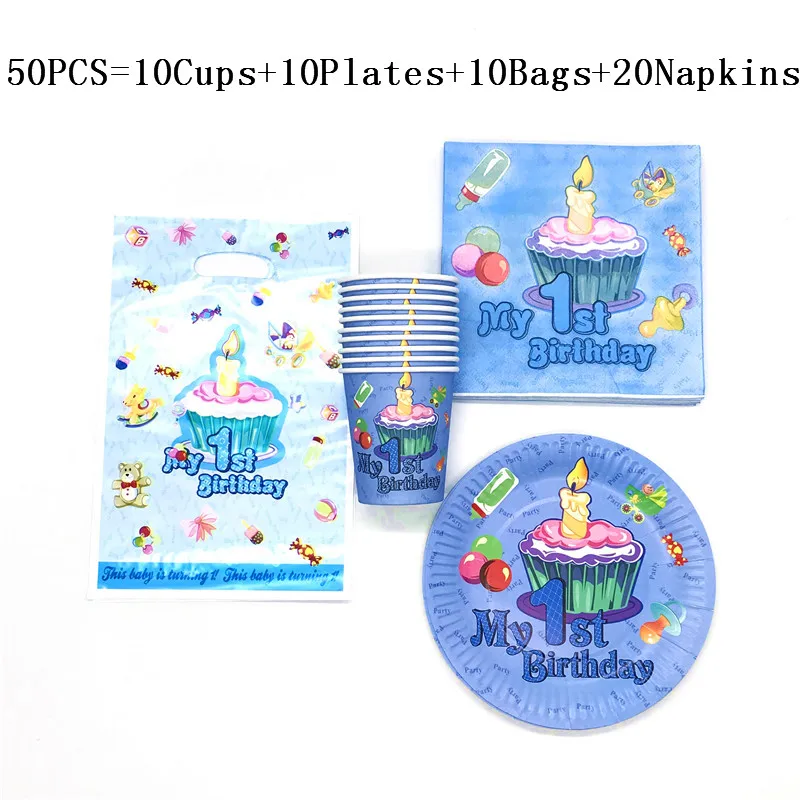 

80/50Pcs My First Birthday Disposable Tableware Sets Cups Plates Napkin Gift Bag Baby Shower Kids Birthday Decorations Supplies