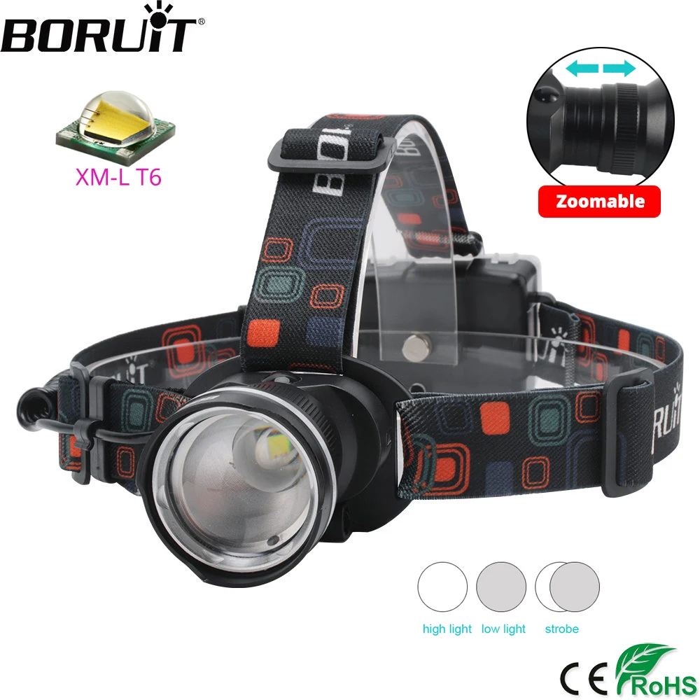 BORUiT RJ 2166 4000LM T6 светодиодный налобный фонарь с 3 режимами зумом Водонепроницаемый