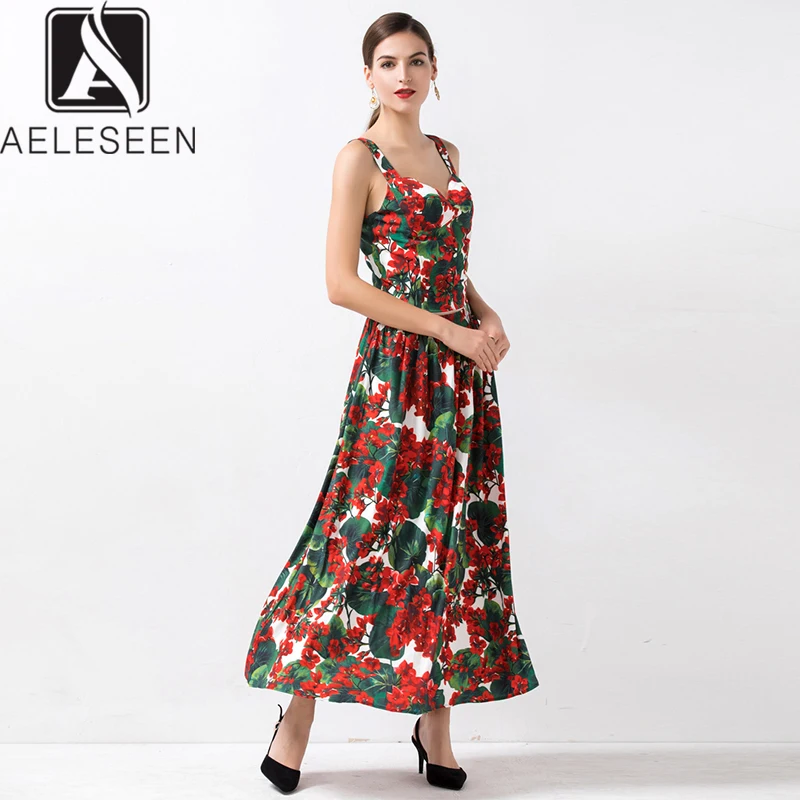 

AELESEEN 2020 Runway Design Floral Print Twinset Elegant Spaghetti Strap Slim Fit Vest + Elastic Waist Ankle-Length Skirt Sets