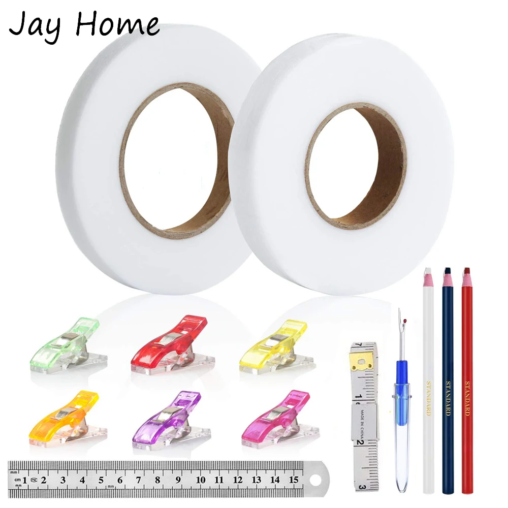 

15/20MM Fabric Fusing Tape Iron-on Fusible Hemming Fusing Wonder Web Tape & Sewing Clips & Sewing Marker Pencil for Clothes