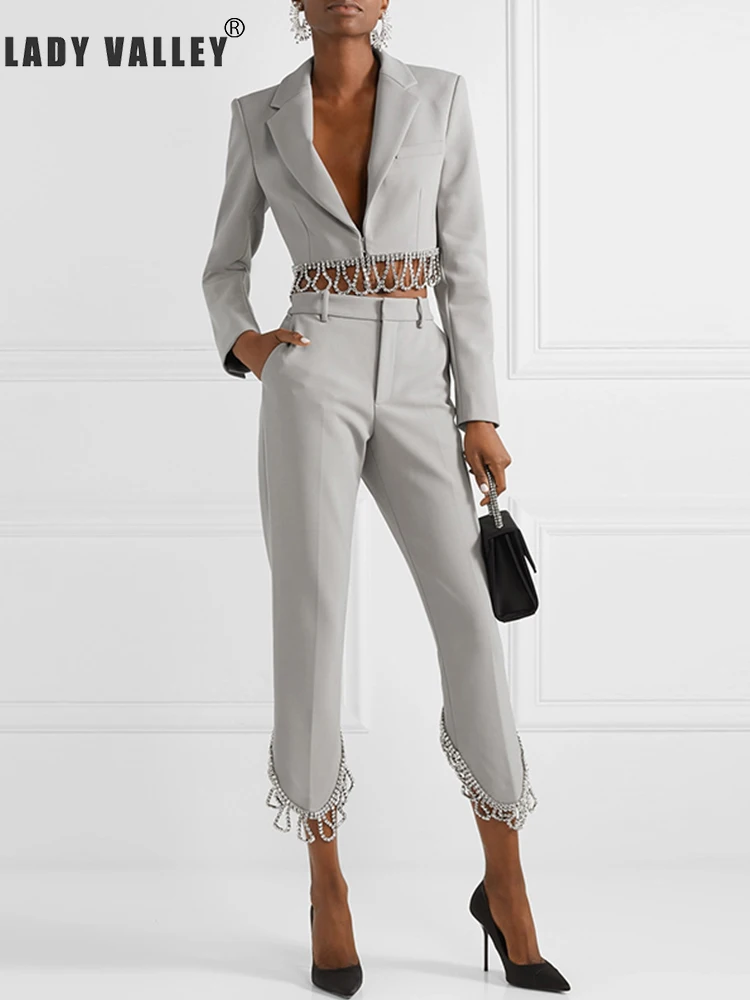 Zware Ambachten Kralen Diamant Kwastje Pak Twee Stuk Pak Dames Lente Persoonlijkheid Temperament Cropped Broek Mode Pak Zware Ambachten Kralen Diamant Kwastje Pak Twee Stuk Pak Dames Lente Persoonlijkheid Temperament Cropped Broek Mode Pak