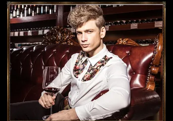 

2020 Men's Mosaic Printed Long-Sleeved Shirt High Quality Youth Court Style White Lace Shirt