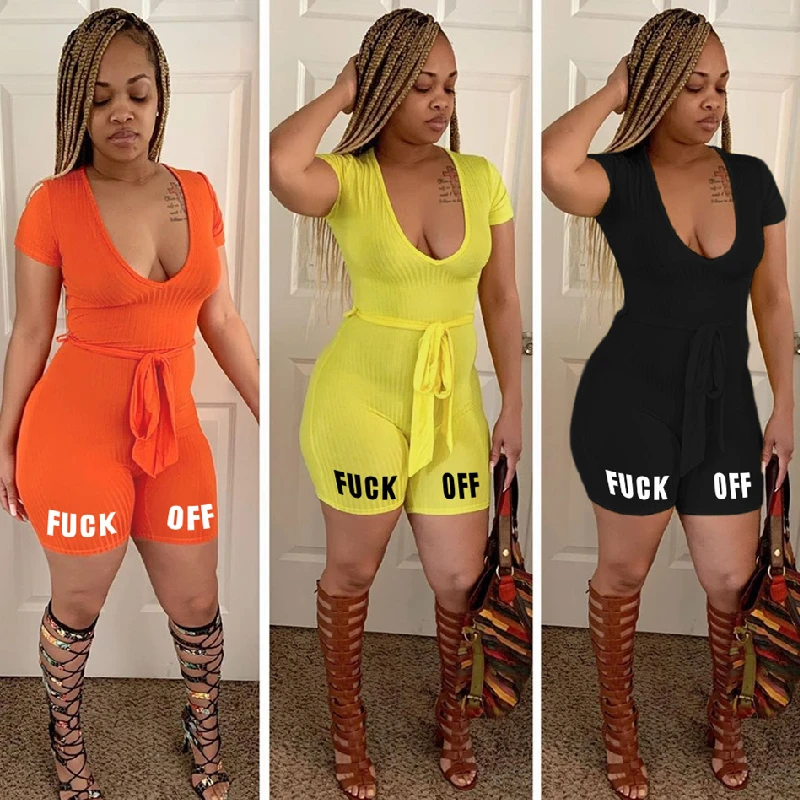 ANJAMANOR Ribbed Knit Letter Print Casual Rompers Womens Jumpsuit Summer 2020 Orange Black Sexy Bodycon Playsuit D91-AC87