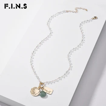 

F.I.N.S Two Colors Long Beaded Chain Link Necklace Dainty Natural Stone Carved Coin Tag Charm Pendants Necklaces for Decoration