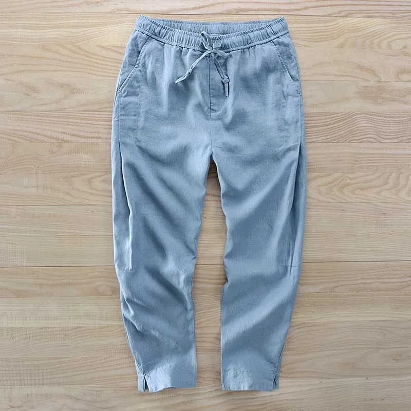 Весна Лето городские джоггеры льняные брюки по щиколотку мужские повседневные брюки мягкая ткань пота Absort Свободные мешковатые брюки - Цвет: Light Blue