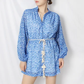 

Women Long Sleeve High Waist Rompers 2020 Summer Women Sexy Leopard Printed Lace Up Blue Jumpsuits Casual Loose Work Playsuits