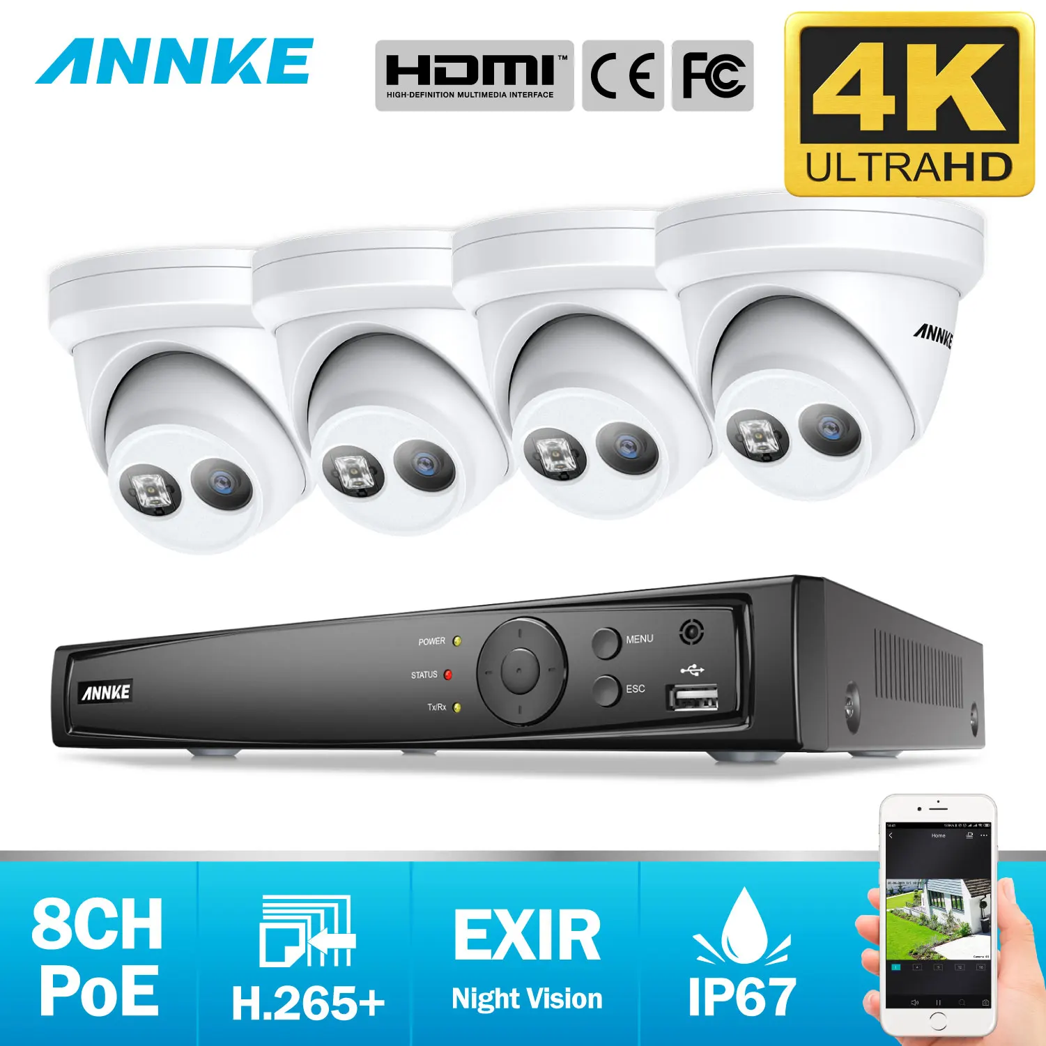 ANNKE 8CH 4K Ultra HD POE сетевая видео система безопасности 8MP H.265+ NVR с 4 шт 8MP 30m EXIR ночного видения Водонепроницаемая ip-камера