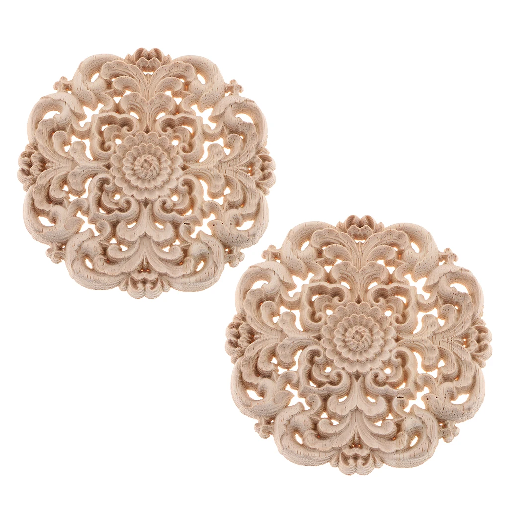 2Pcs Round Wood Carved Flower Appliques Elegant Cabinet Onlay Craft Unpainted for Home Decor