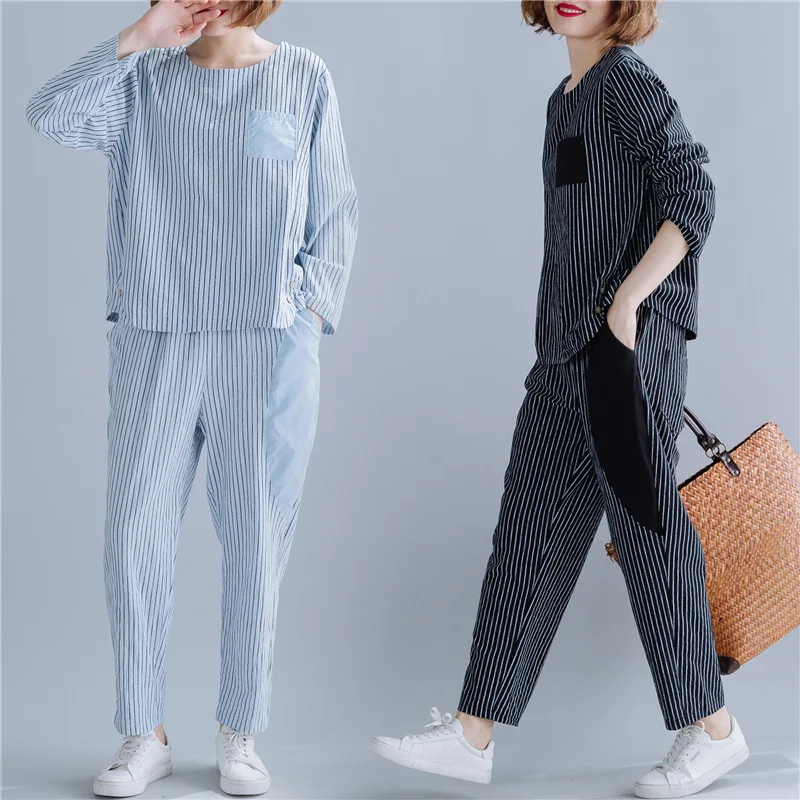 

Autumn Clothing New Style Korean-style Loose And Plus-sized Cover Meat Stripes Western Style by Age Slimming Set Casual