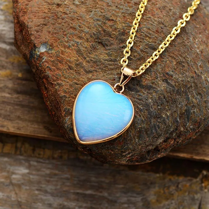 Natural Stone Heart Shape Necklace Earring Set Opal Gold Tone Jewelry Sets Classic Elegant Teengirls Women Anniversary Jewelry