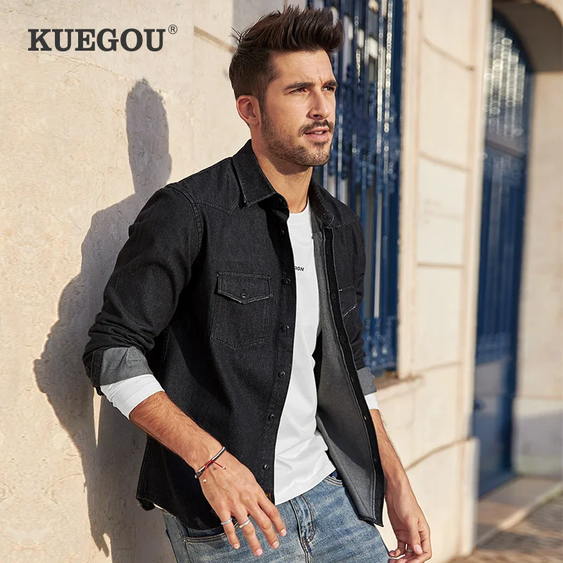 Kuegou Brand fall 2020 new denim shirt men long sleeve cotton denim shirt leisure fashion coat lapels BC-6996 Kuegou Brand fall 2020 new denim shirt men long sleeve cotton denim shirt leisure fashion coat lapels BC-6996