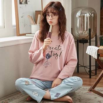 

hot sale women Pajamas Set Spring Autumn new cartoon printed Long sleeve cute Sleepwear Suit casual Homewear Female pyjamas
