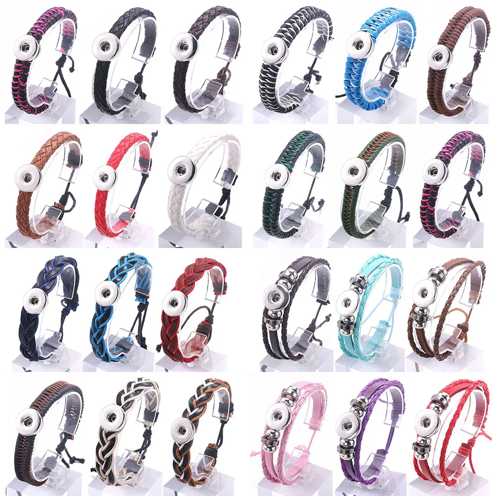 10pcs/lot Snap Jewelry Beaded Braided Leather 18mm Snap Button Bracelet DIY Interchangeable Charms Bracelet Handmade