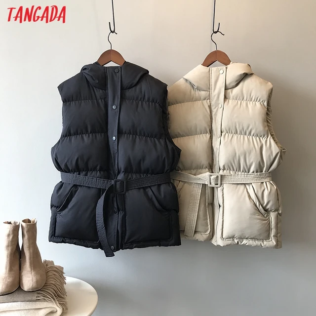 US $29.88 Tangada Women Solid Sleeveless Parkas With Slashes Hooded Zipper 2019 Winter Female Warm Long Coat 