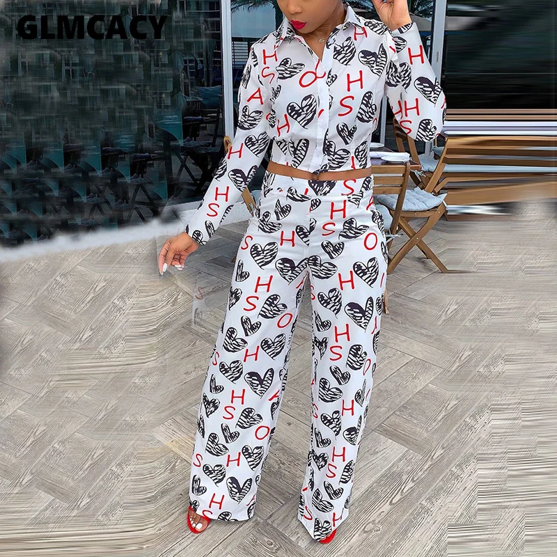 

Women Two Piece Matching Sets Letter Printed Long Sleeve Blouse & High Waist Wide Leg Pants Spring Fall Casual Suit