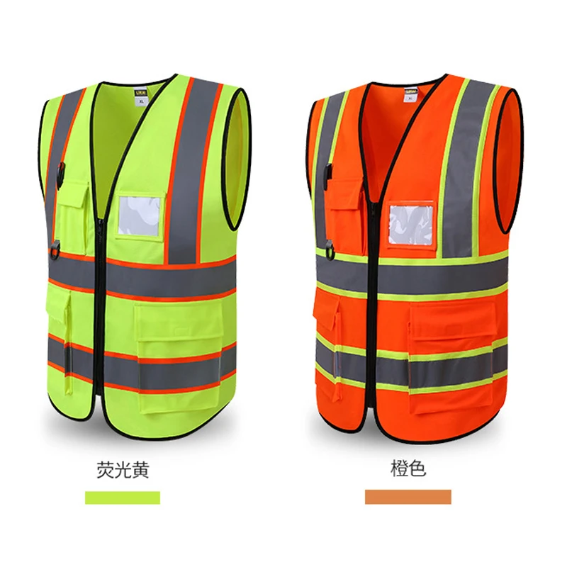 Black Safety Vest Reflective With Pocket And Zipper Construction Vest With Reflective Stripes High Visibility Work Uniforms safety coat