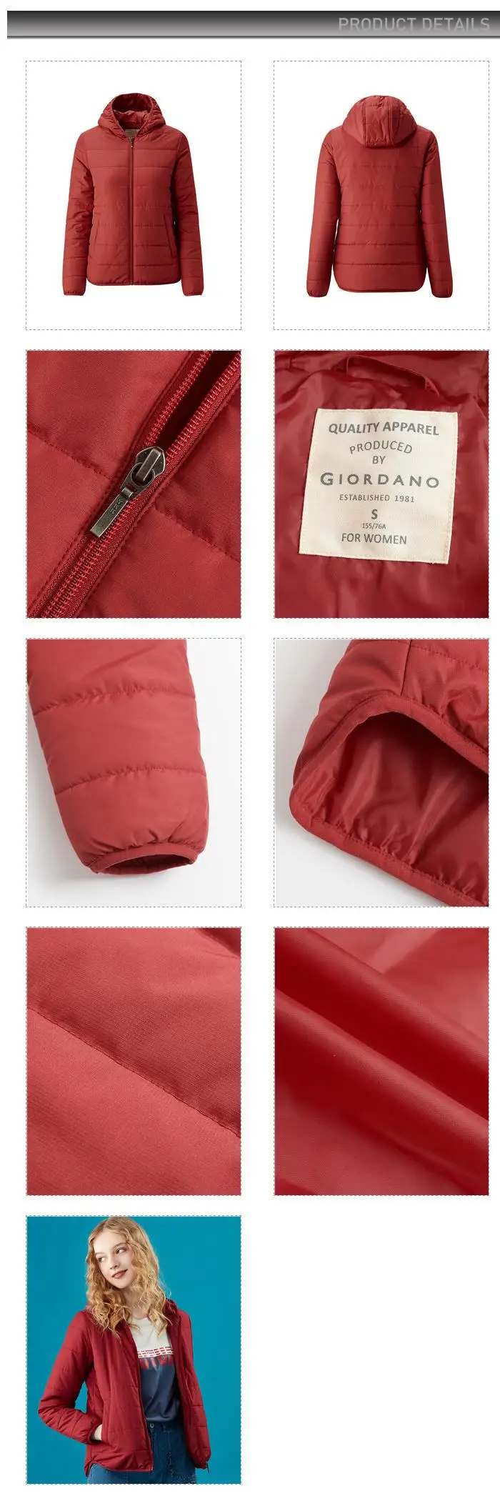 Giordano Женское пальто женское однотонное пальто с капюшоном Think Zipper Fly Abrigos Mujer Invierno Soild color Casaco Feminino 05379656