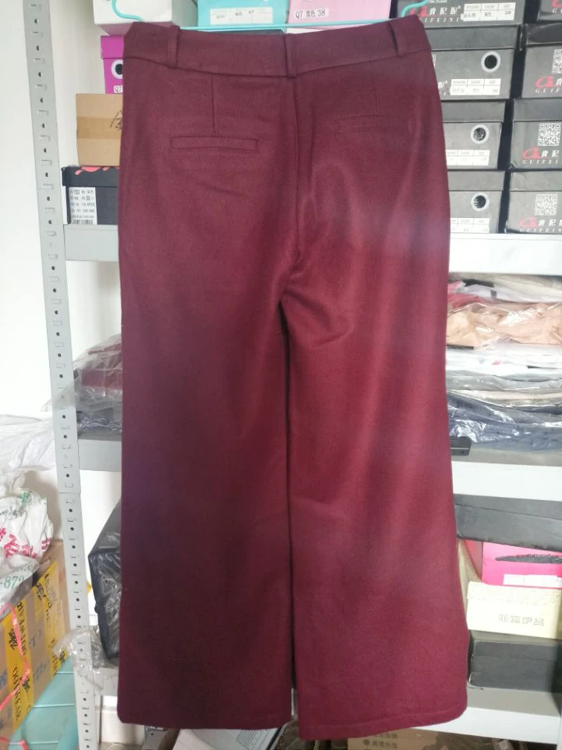 Женские шерстяные брюки, модные широкие брюки-Капри, повседневная одежда для работы, строгие прямые брюки, элегантные длинные брюки цвета красного вина