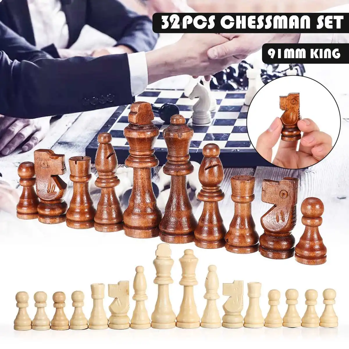 

32PCS Chess Pieces Wooden Complete Chessmen International Word Chess Game Entertainment without Chess Board King High 91mm