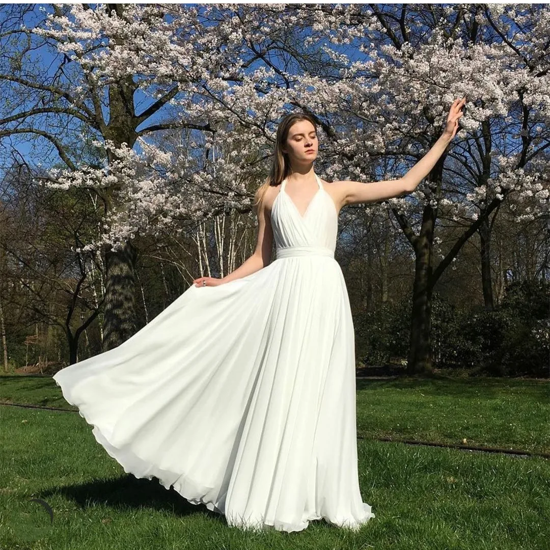 

Sexy Long V-Neck Chiffon Wedding Dresses with Pockets A-Line Criss Cross Back Ivory Brautkleider Robes de Soirée for Women