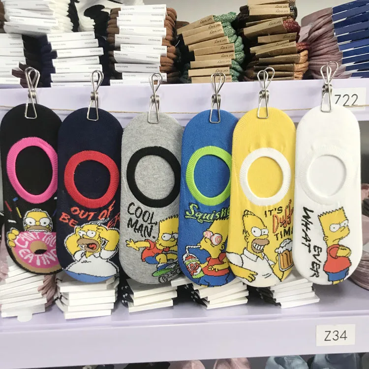 Simpsons Slippers Socks Cartoon Character Print No Show Non - Slip Invisible Women Short Cotton Fake Silicone |