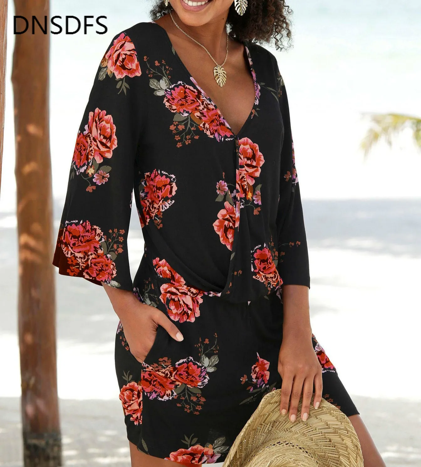 Jumpsuits Romper Deep-V-Neck-Short Womens Flower Printed Backless Vintage Beach Summer