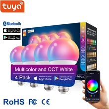 

4 Pack Tuya 15W Blue-tooth Control Smart Light Bulb E27 RGB LED Lamp Dimmable with APP, Music Mode, for Home Decor and Lighting