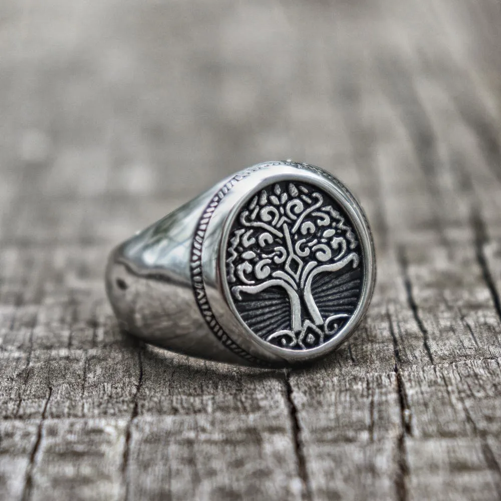 Stainless Steel Yggdrasil Great Tree of Life Viking Norse Hexagon Crest Flat Top Biker Style Polished Ring