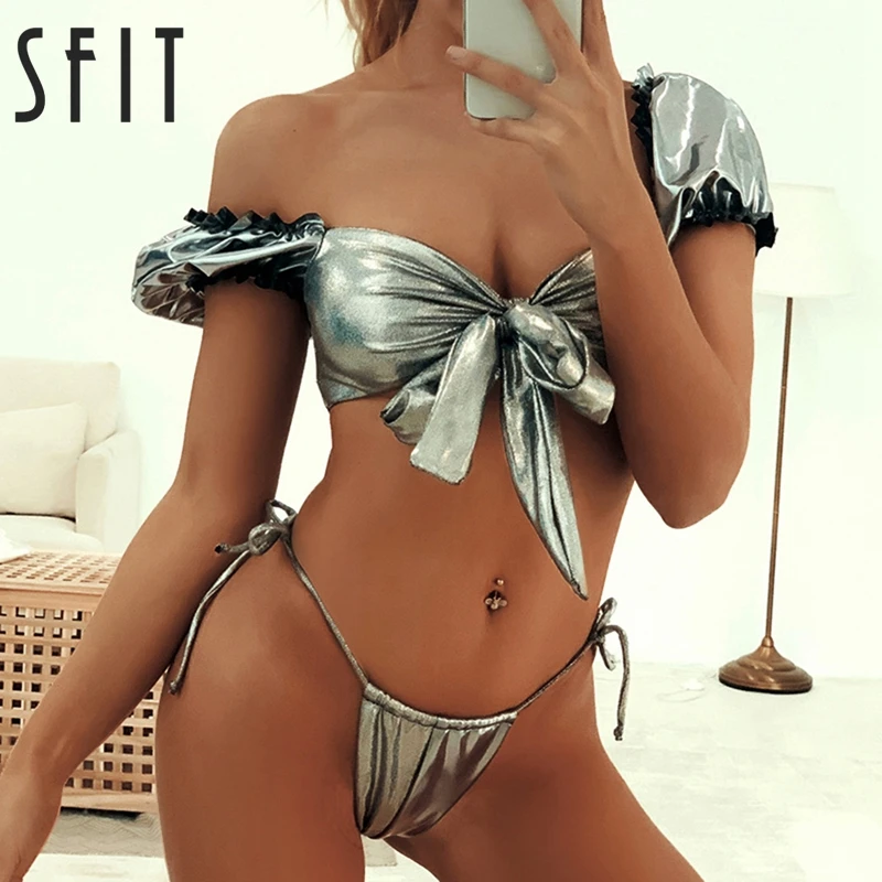 

SFIT Sexy Bow Straps Sequined Bikini Stitching Women Swimwear Solid Swimsuit Knotted Bikini Set Thong Bikini String Biquine
