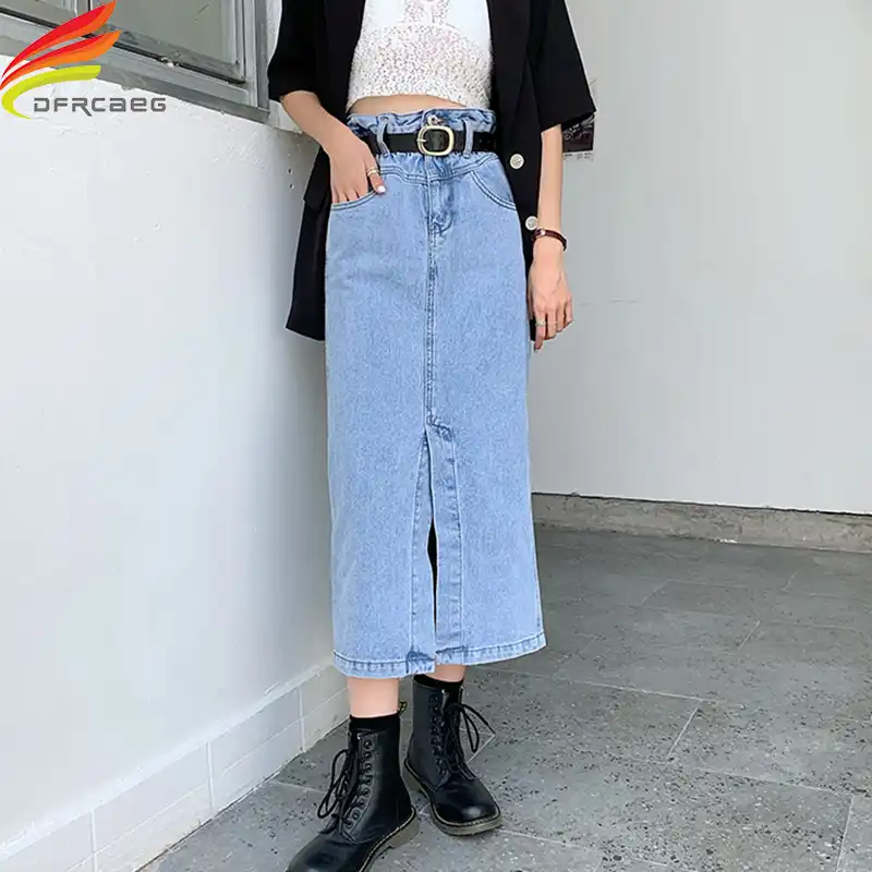 Jupe Longue En Jean Avec Poches Pour Femmes Nouveaute 2020 Automne Taille Haute Elastique Bouton Fente Decontracte Poches Maxi Offre Speciale Aliexpress