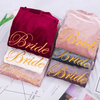 

Pink Sexy Wedding Bride Bridesmaid Robe Gown Velvet Kimono Bathrobe Dress Nightgown For Lady Embroidery Autumn Home Wear M L XL