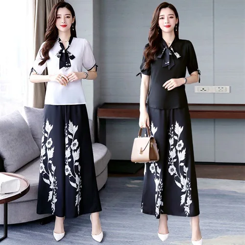 

2019 Summer New Style Popular WOMEN'S Suit Loose-Fit Short-sleeved Chiffon Shirt Drape Printed Loose Pants Two-Piece Set Fashion