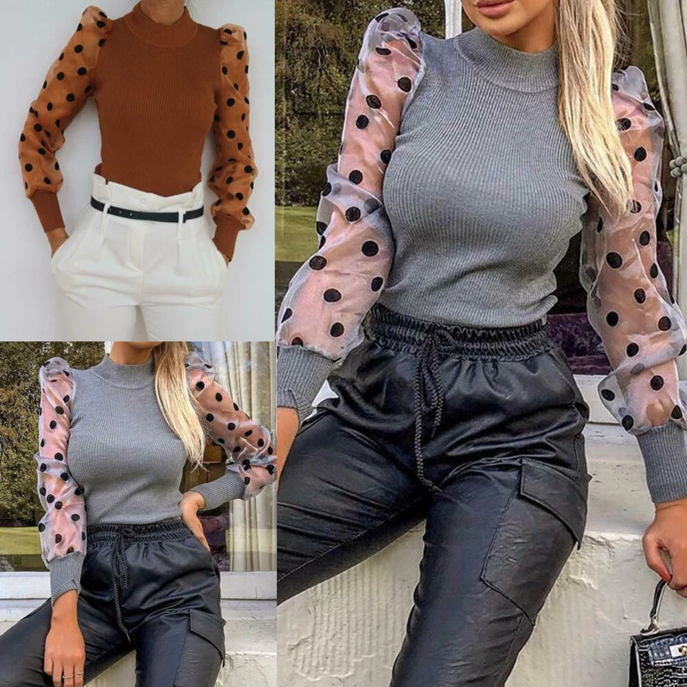 Women's Ladies Fine Knitted Polka Dots Mesh Puff Sleeve Ribbed Shirt Jumper Tops Women's Ladies Fine Knitted Polka Dots Mesh Puff Sleeve Ribbed Shirt Jumper Tops
