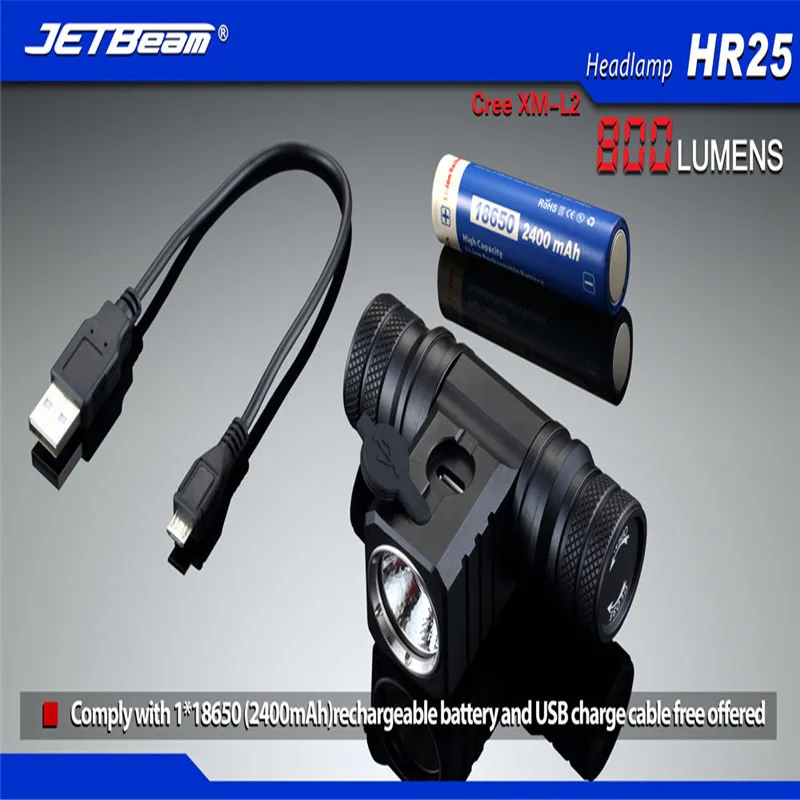 JETbeam HR25 Cree XM-L2 800 люмен перезаряжаемый светодиодный налобный фонарь с 18650 батареей безопасности и выживания 8,21