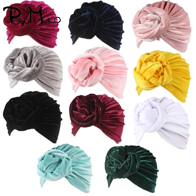 

Powmuco Autumn and Winter Warm Gold Velvet Newborn Indian Hats Solid Color Handmade Folded Flower Children Caps Baby Headwear