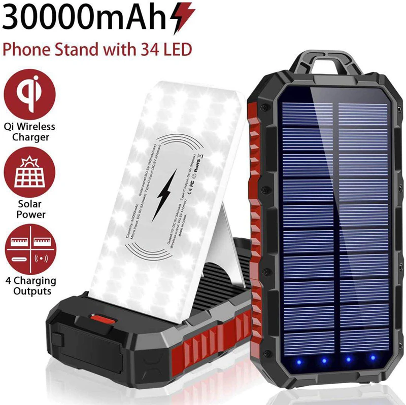 good power bank 30000mAh Solar Power Bank with Camping Light Qi Wireless Charger For iPhone Samsung Xiaomi Powerbank Portable Charger Poverbank power bank 30000mah