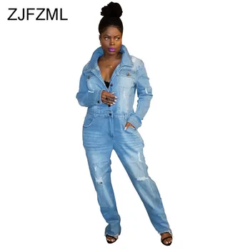 

Single-Breasted Casual Denim Jumpsuit For Women Turn Down Collar Full Sleeve Loose Romper Streetwear Pockets One Piece Bodysuits