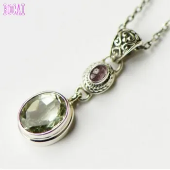 

S925 pure silver natural red tourmaline green Natural stone retro gem pendant genuine women pendants