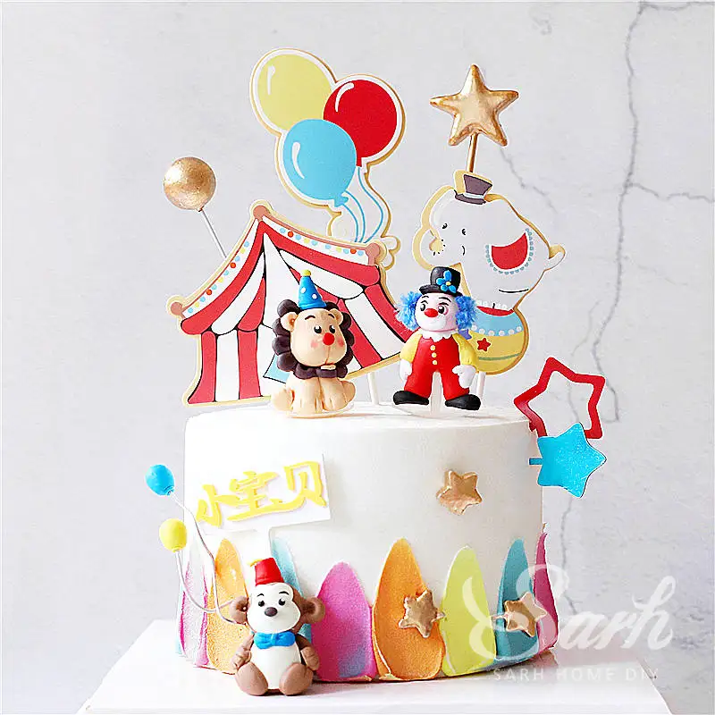 

Monkey Clown Elephant Clay Decoration Hollow Star Circus Happy Birthday Party Wedding Cake Topper for Baking Supplies Sweet Gift