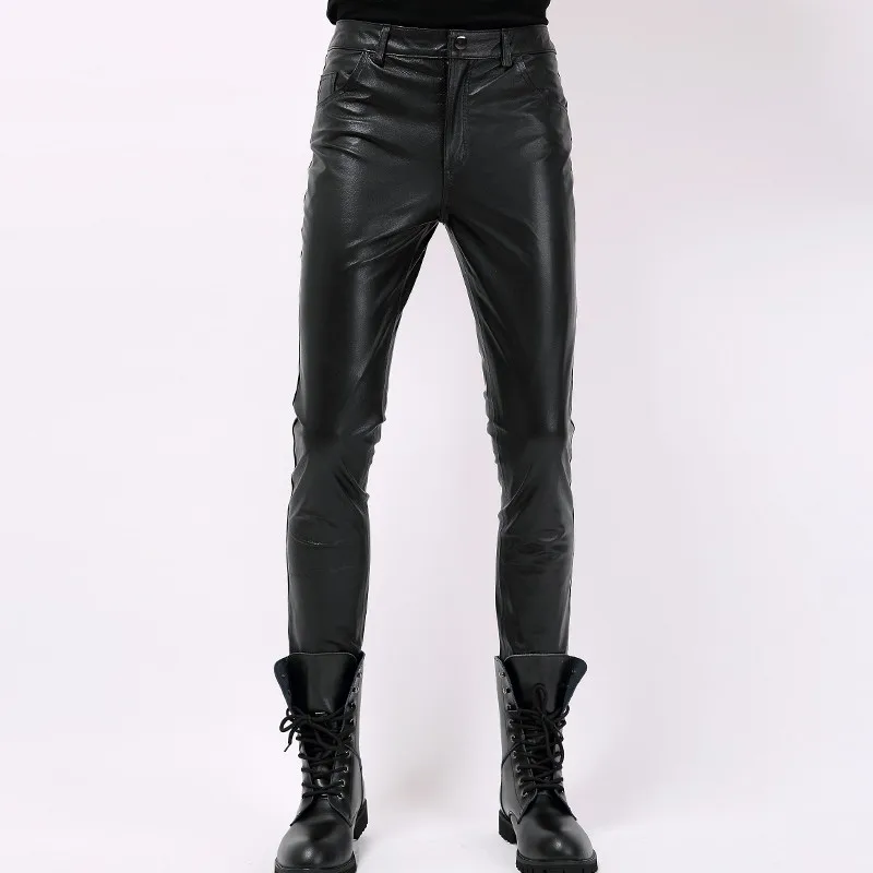 US $179.97 Genuine Leather Pants Mens Real Sheepskin Korean Skinny Tight Motorcycle Biker Male Trousers Highstreet Slim Fashion Pants Men