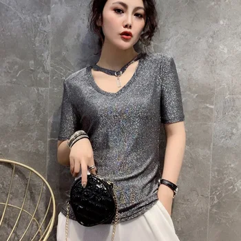

Women's T-shirt 2019 korean new summer street fashion casual short sleeve v-neck luminous sequins personality women T-shirt top