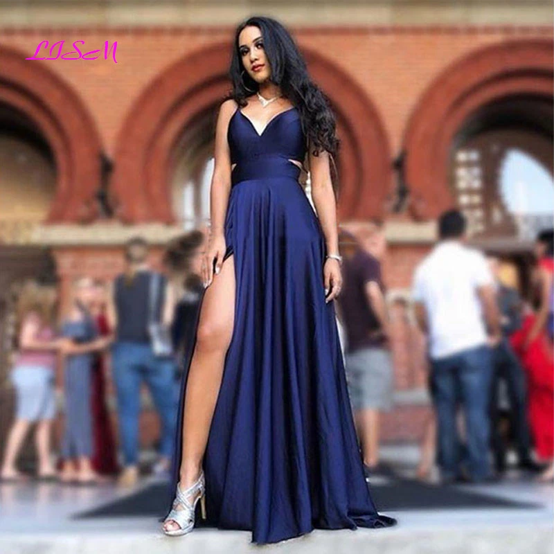 navy satin prom dress