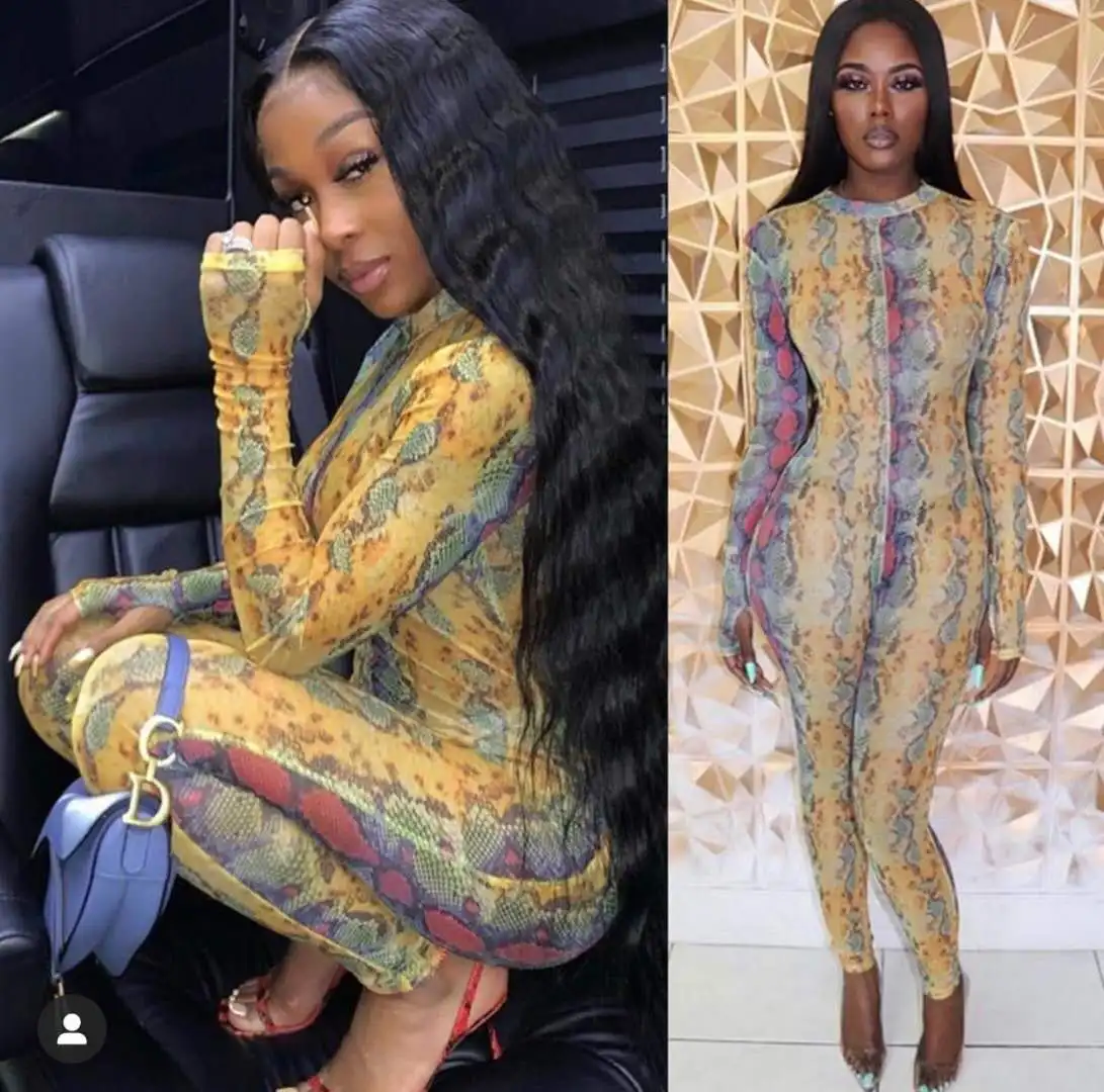 

Joskaa Snake Skin Print Long Sleeve Mesh High Neck Sexy Bandage Holiday Outwear Romper Active Sports Pullover Jumpsuit