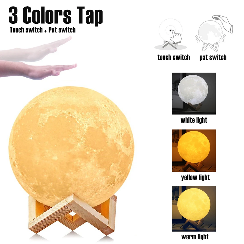 Luna Moon лампа Ночной светильник 3D принт лунный светильник светодиодный с регулируемой яркостью сенсорный/Pat/пульт дистанционного управления перезаряжаемый прикроватный столик настольная лампа Прямая поставка - Испускаемый цвет: 3 colors tap