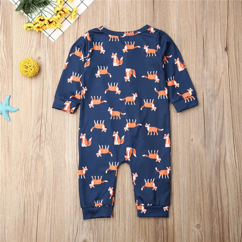 Toddler Fall Outfits Girls Cartoon Fox Printed Romper Jumpsuit Boys Long Sleeve Cotton Clothes Newborn Set