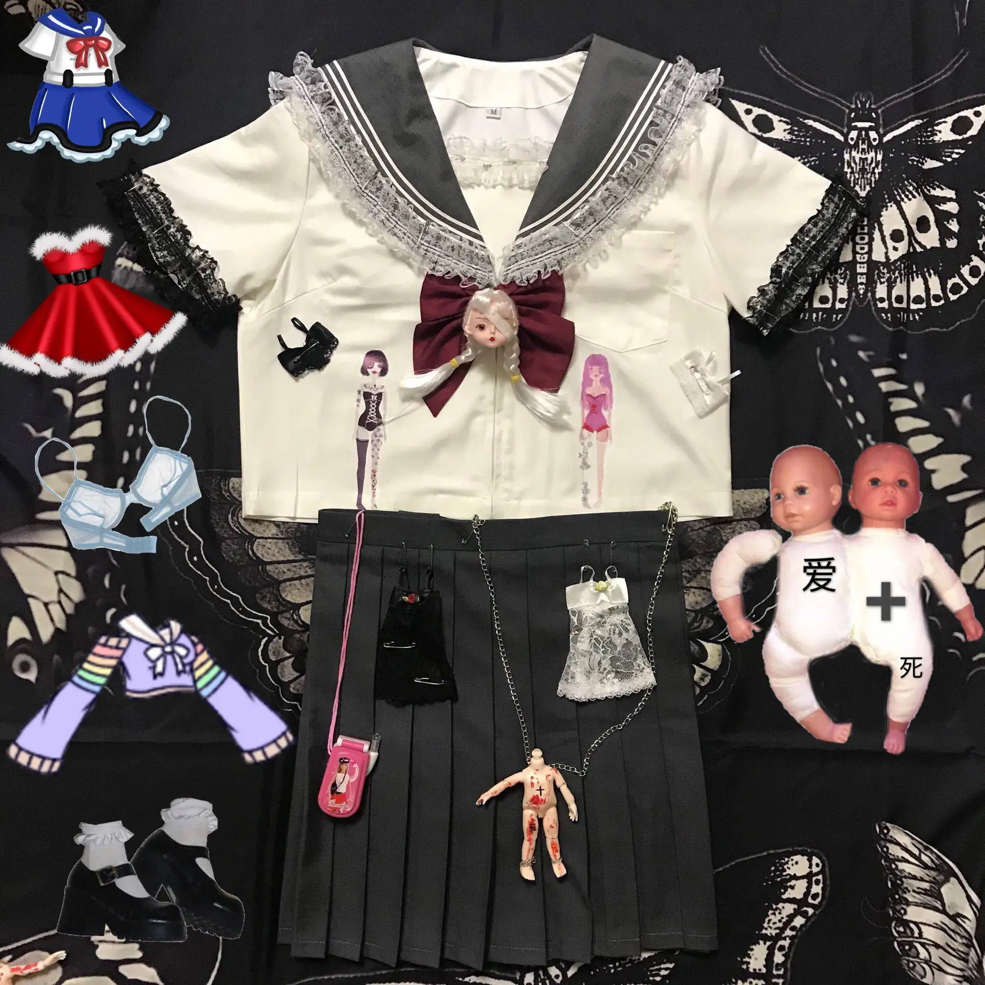 

Japanese Harajuku Gothic Dark Bloody Dolls Appliques JK Suit Sailor Collar Lace Preppy Style Hot Girls Punk Skirt Set Summer