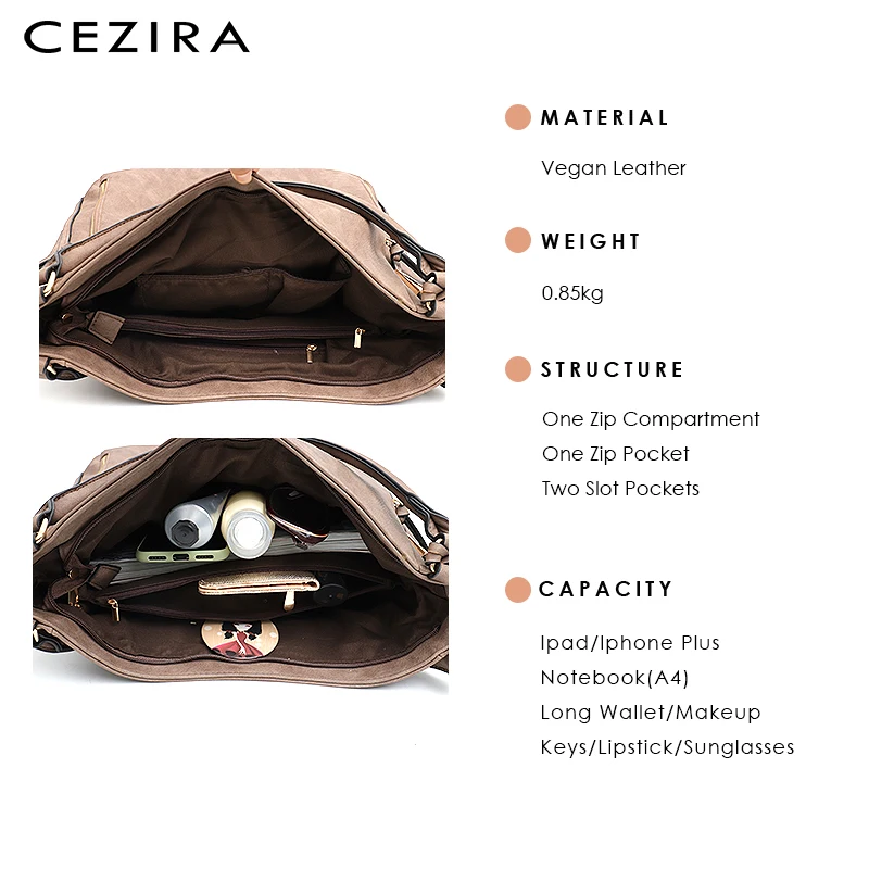 CEZIRA Повседневная брендовая дизайнерская сумка на плечо Женская веганская кожаная сумка-тоут женская Роскошная металлическая молния карманы большая сумка и Кроссбоди